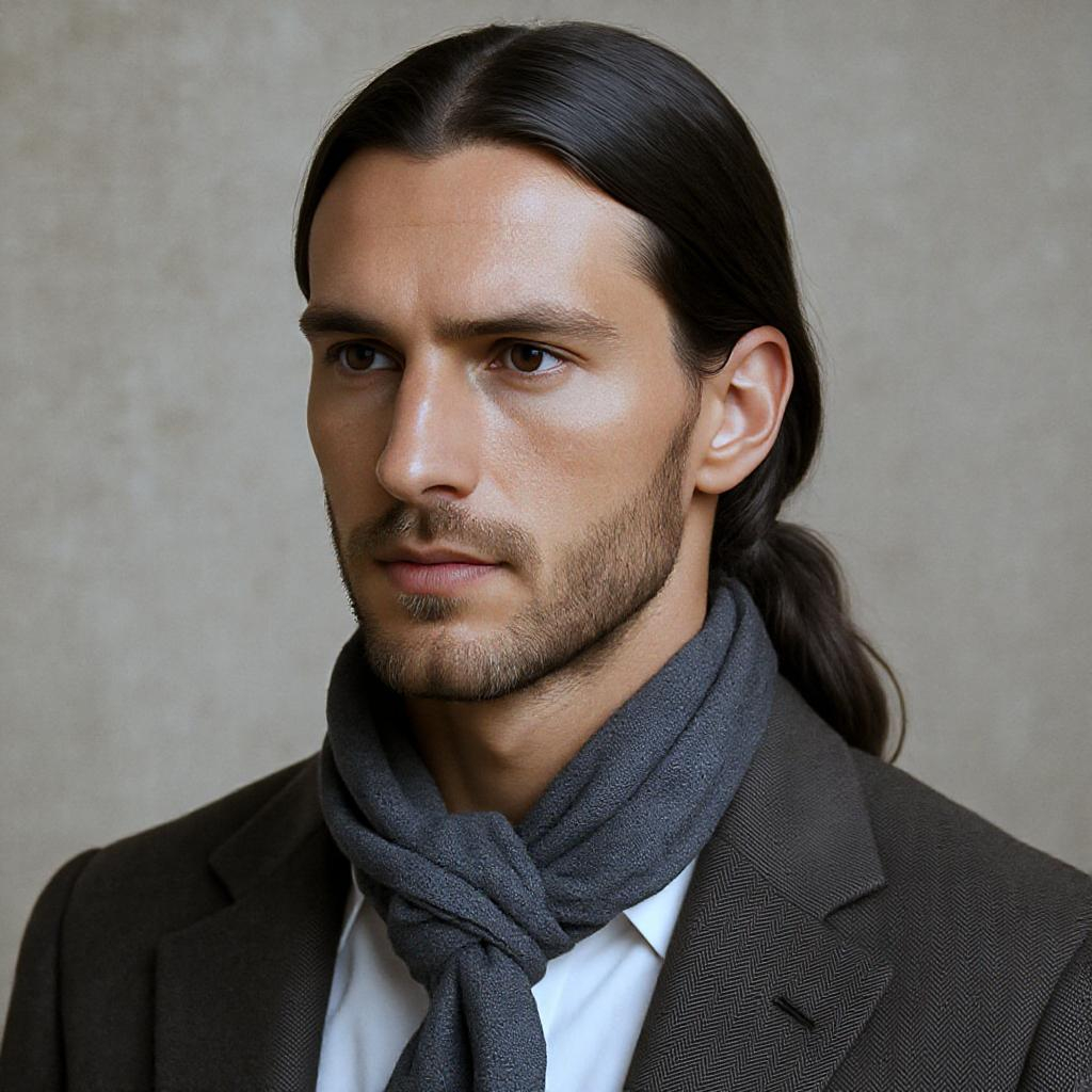 Homme avec cheveux longs lisses, barbe courte soignée, accessoire discret (foulard ou chouchou bas), style élégant.
