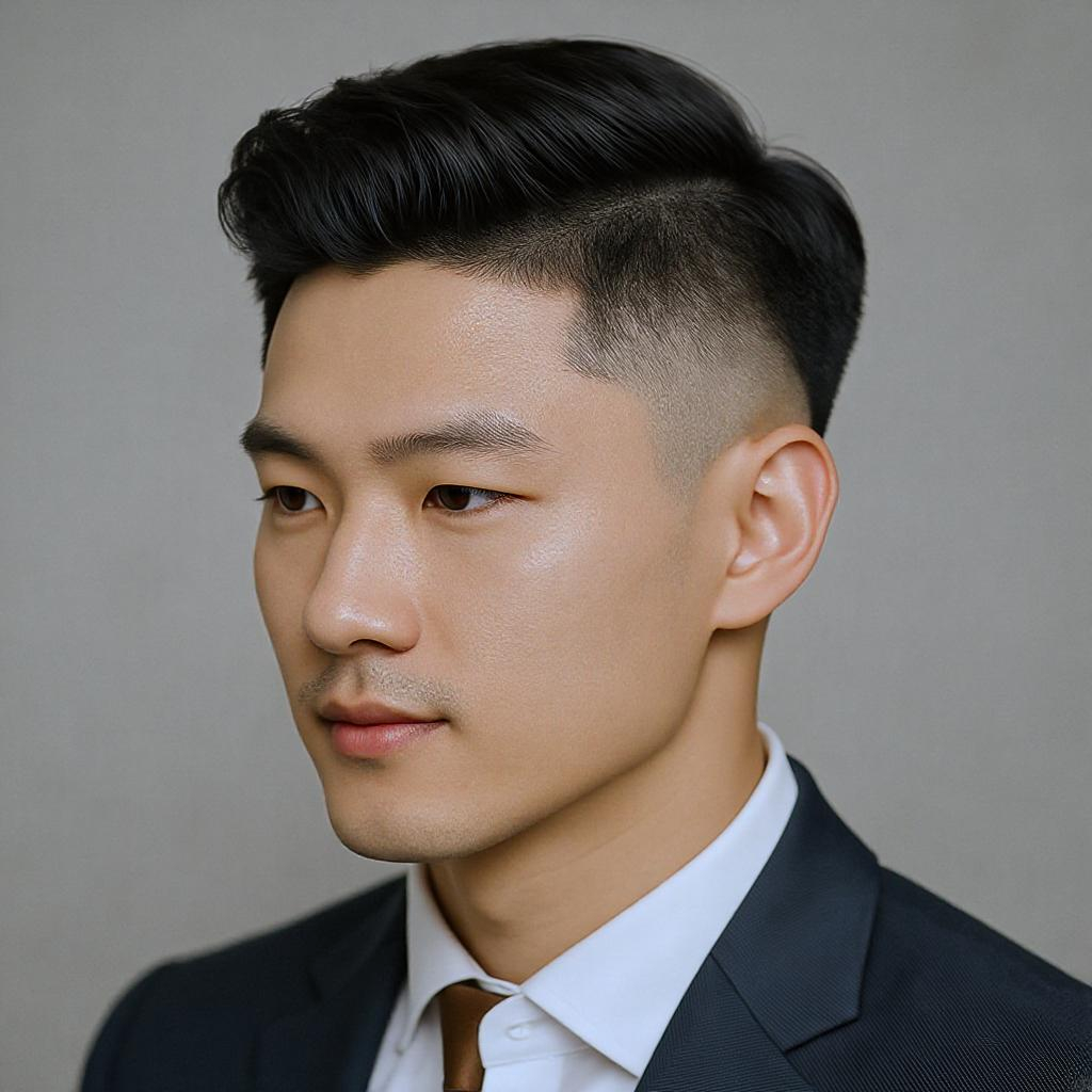Homme avec raie de côté nette, cheveux coiffés avec cire légère, style professionnel et élégant, coupe structurée.