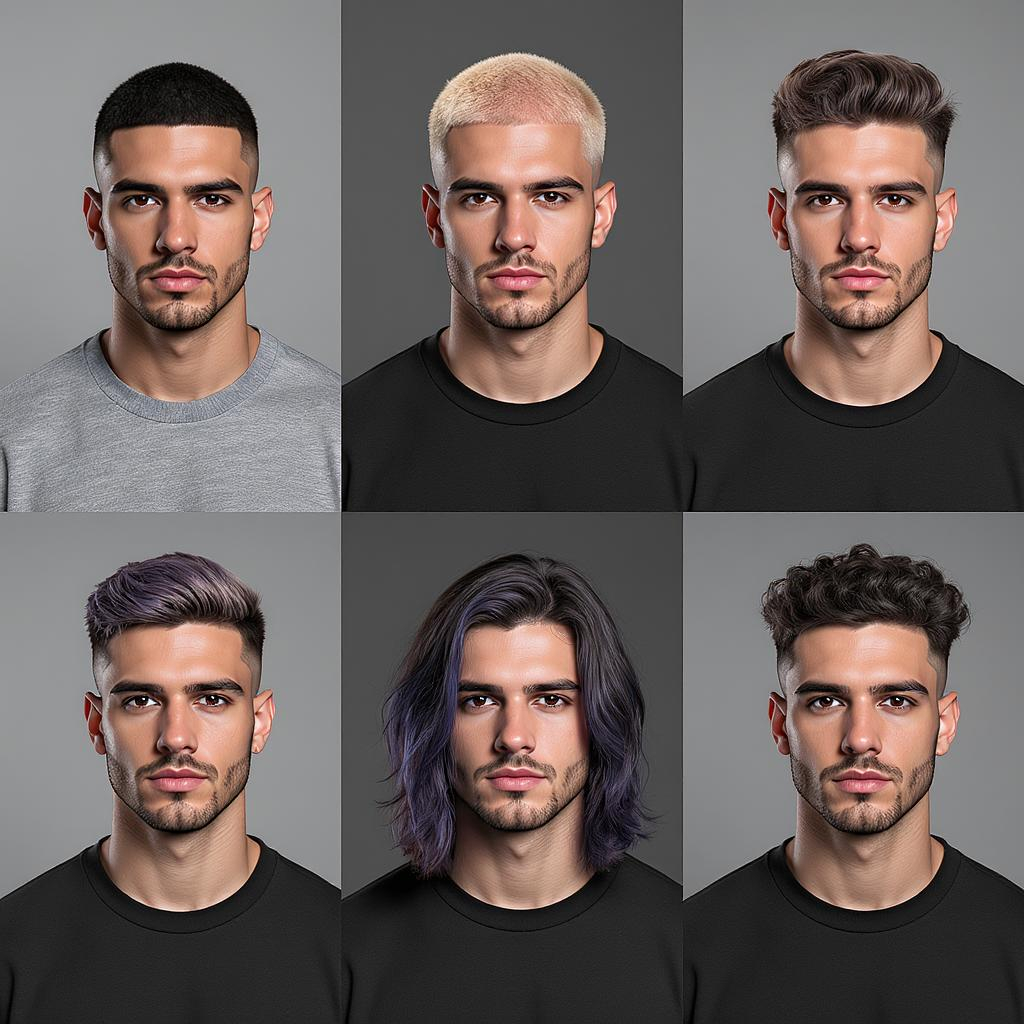 Enchaînement de coupes tendance pour homme, du buzz cut au curly top, dans un style moderne