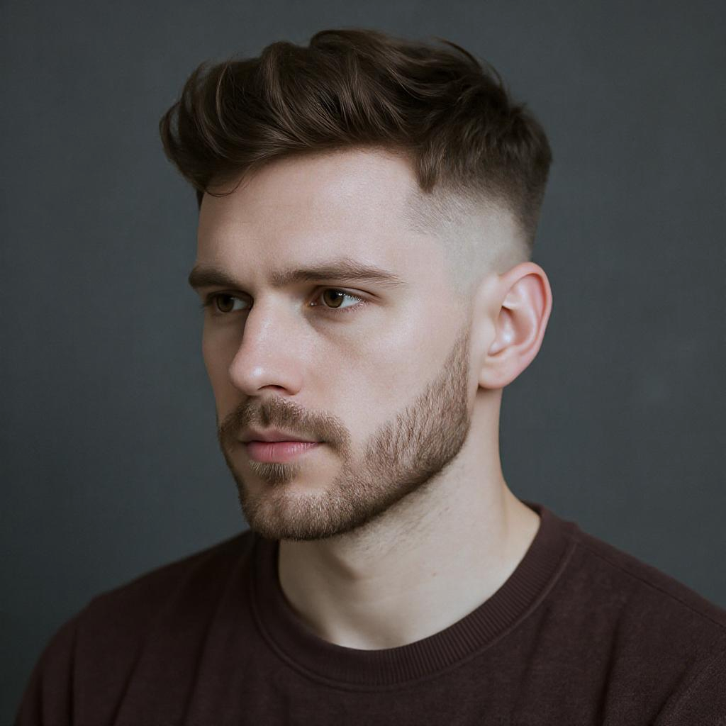 Dégradé bas texturé pour homme, tempes propres et dessus naturel, coupe moderne et facile à porter.