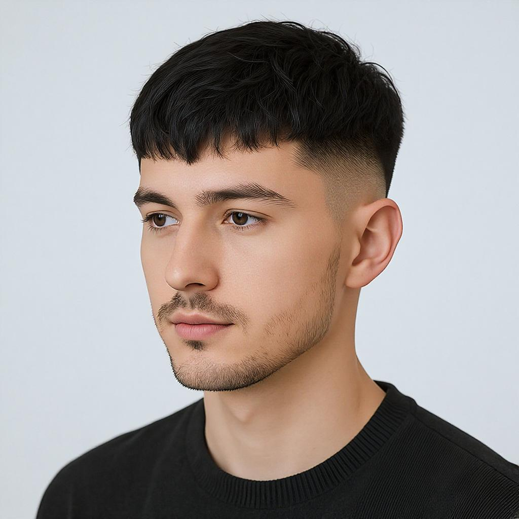 Homme avec crop court texturé, frange courte, effet mat, contours nets, style professionnel et moderne.
