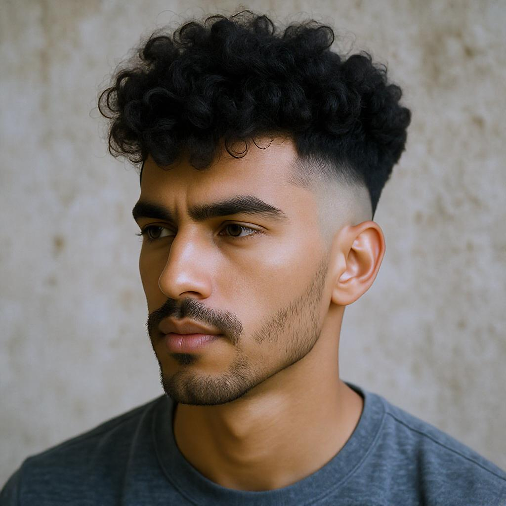 Homme avec cheveux bouclés volumineux sur le dessus, côtés dégradés, style naturel et expressif, lumière naturelle.