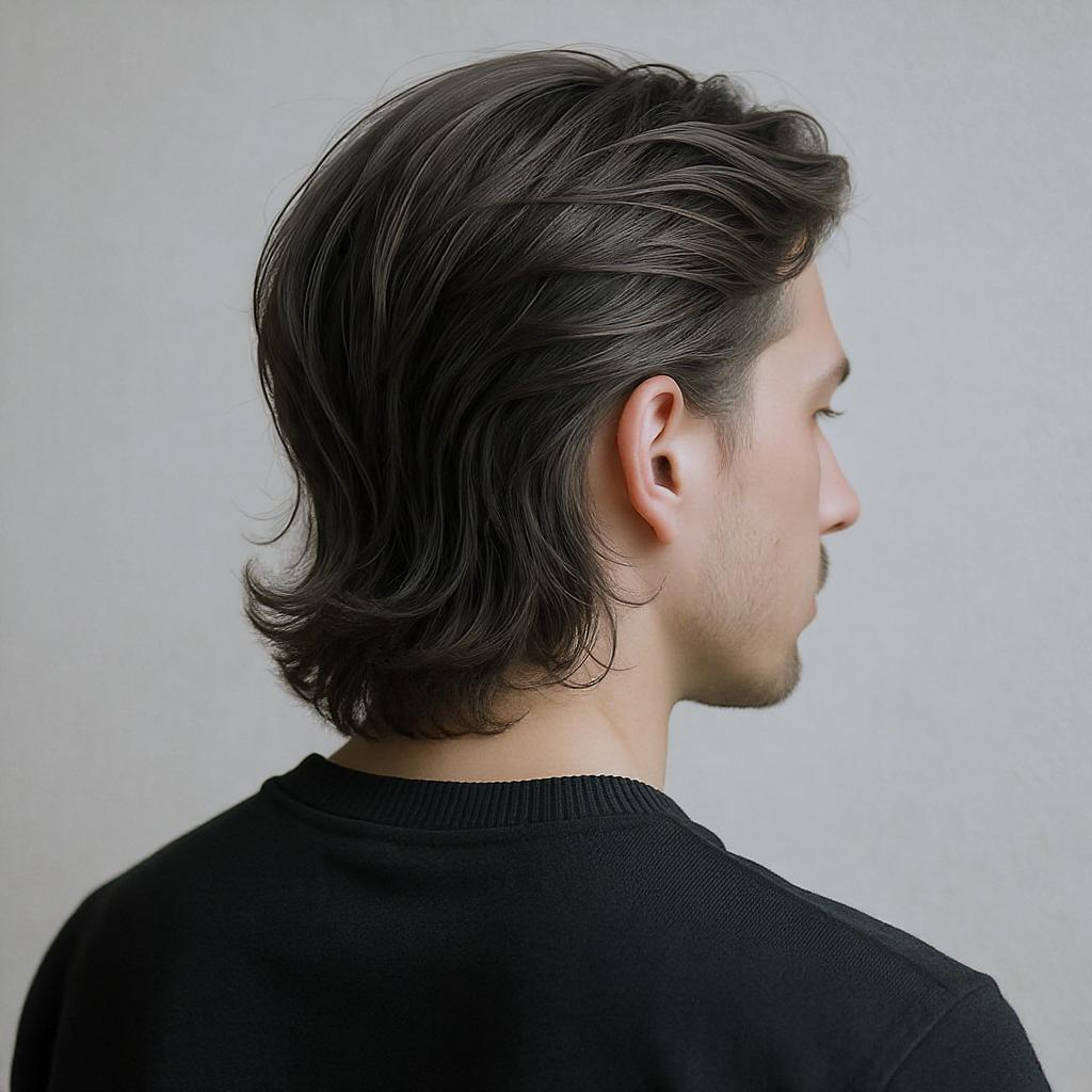 Homme avec cheveux mi-longs coiffés en arrière, volume naturel, sans effet gel, texture fluide, style élégant.