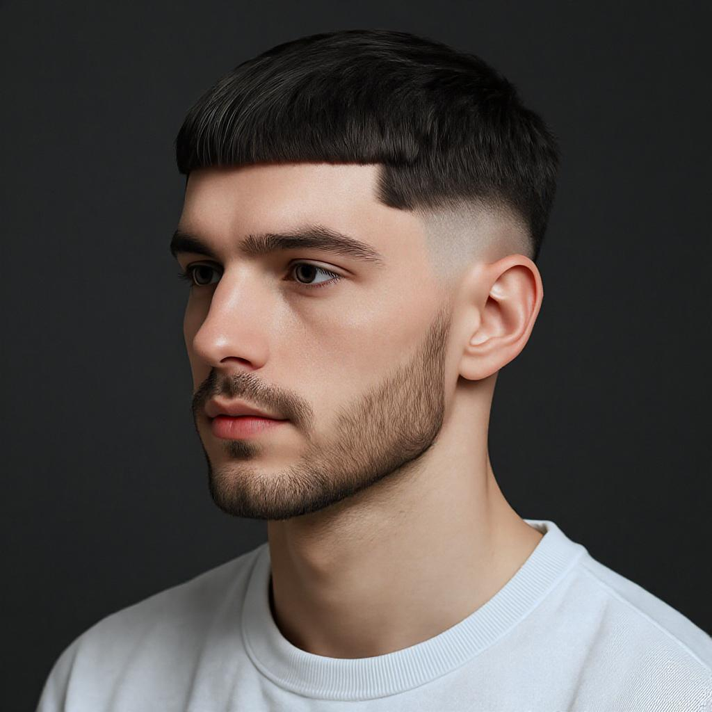 Homme avec coupe César moderne, frange droite, contours flous, texture mate, style minimaliste mais original.