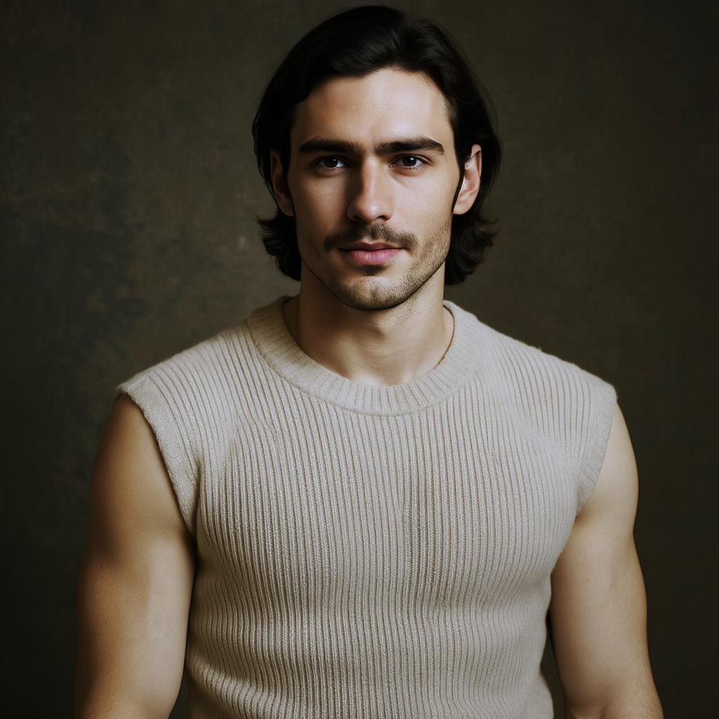Homme avec mulet version moderne, côtés fondus, nuque légèrement plus longue, texture douce, style vintage revisité.