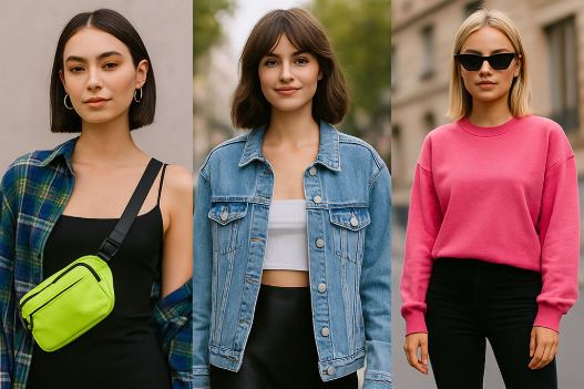 Collage mode 2025 : veste en jean oversize, touches de fluo, et style grunge adouci avec robe noire et chemise à carreaux