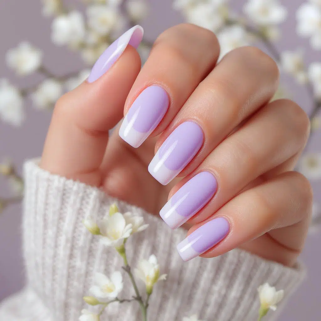 Manucure semi-permanente lavande avec dégradé blanc façon french moderne sur ongles longs, fond floral doux et pull en maille