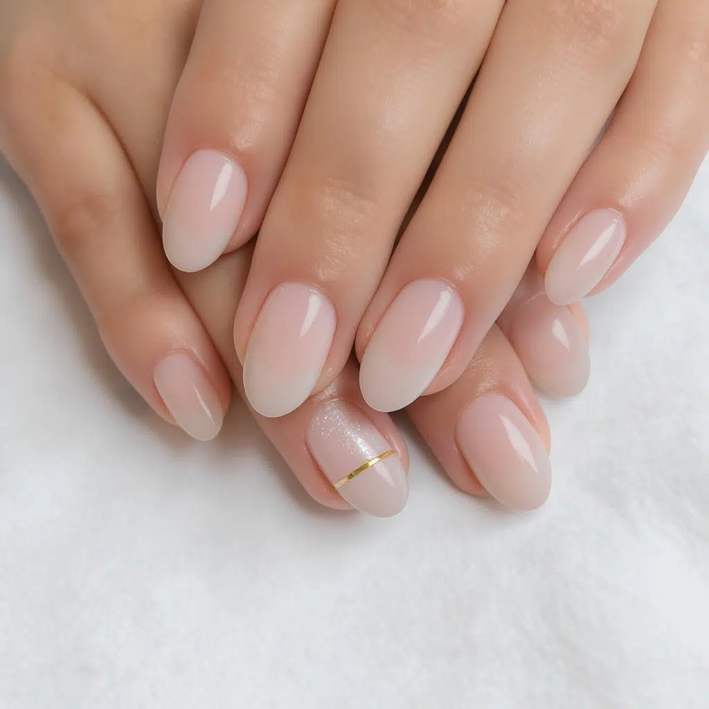 Manucure nude semi-permanente avec fine ligne dorée minimaliste