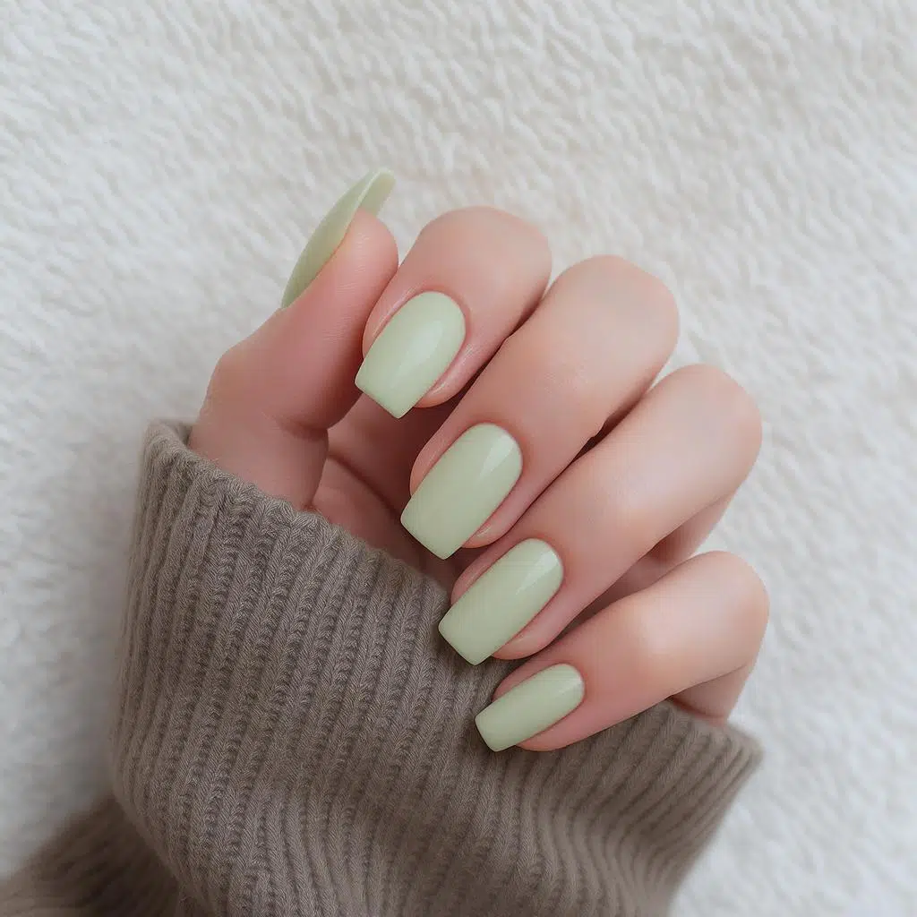 Ongles semi-permanents vert sauge doux et tendance