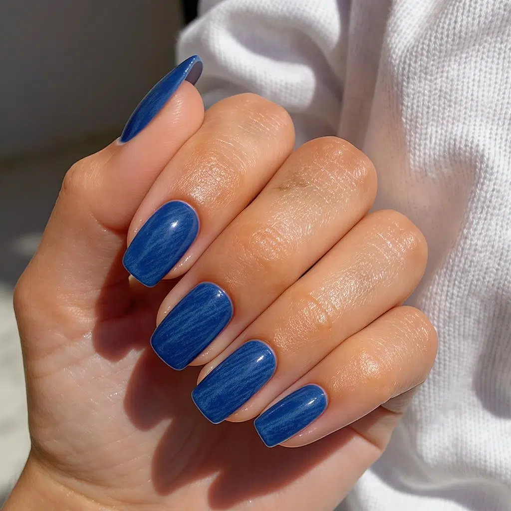 Ongles en vernis semi-permanent bleu jeans satiné tendance été
