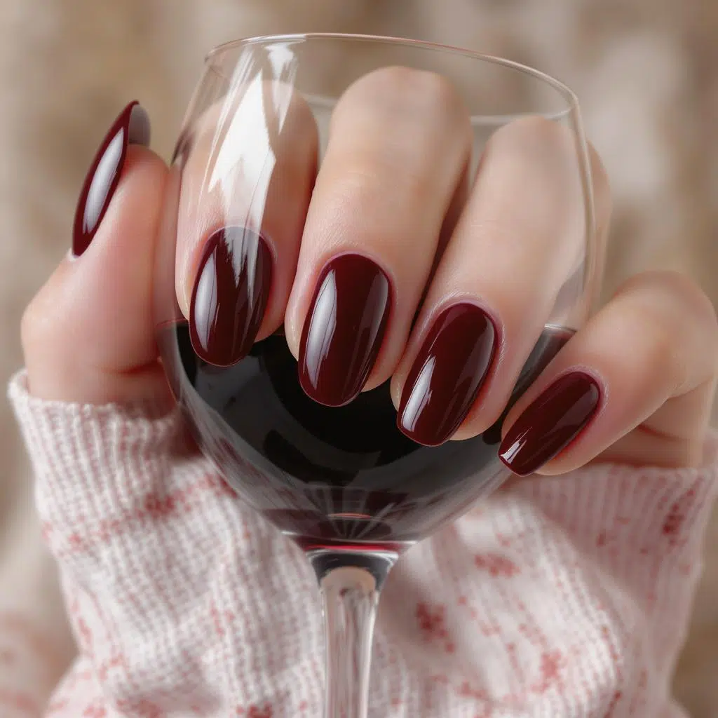 Vernis semi-permanent bordeaux foncé glossy sur ongles courts. Effet artistique avec doigts dans un verre de vin