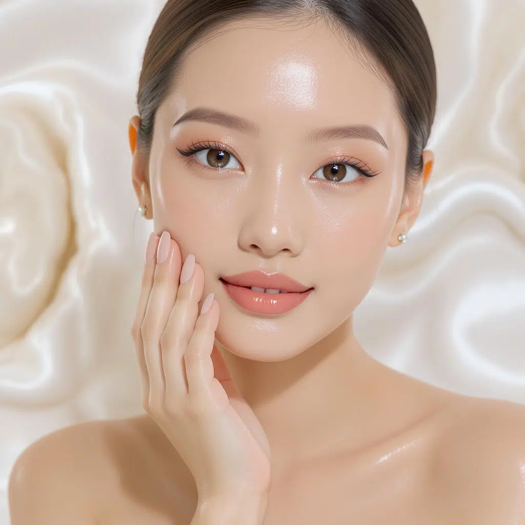 belle jeune femme asiatique avec sa main sur son visage et des ongles nacrés opale