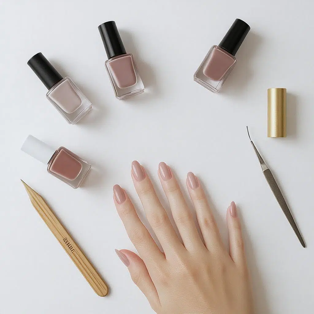 Flatlay d’accessoires de manucure avec flacons de vernis semi-permanent, outils, et main aux ongles nude brillants