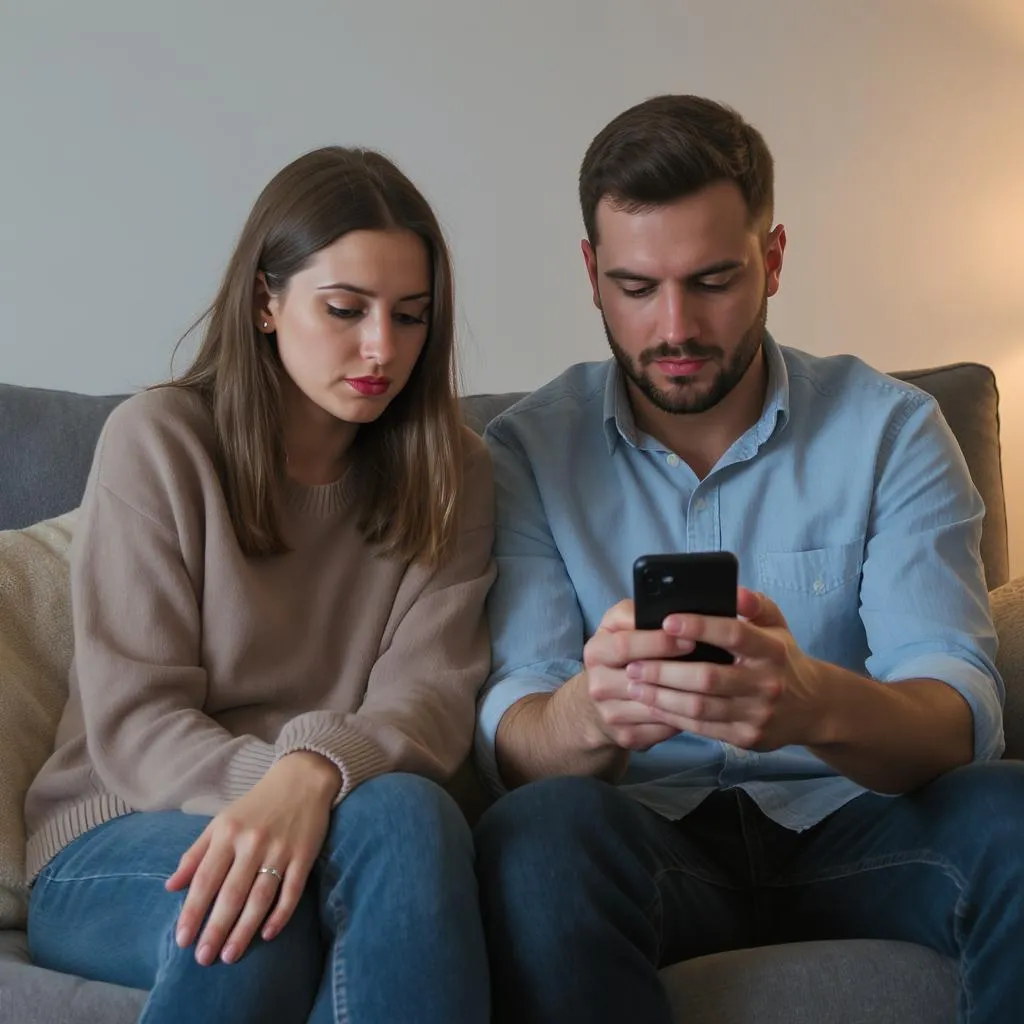 Femme observant son partenaire écrire à une amie, entre confiance et doute dans une relation moderne