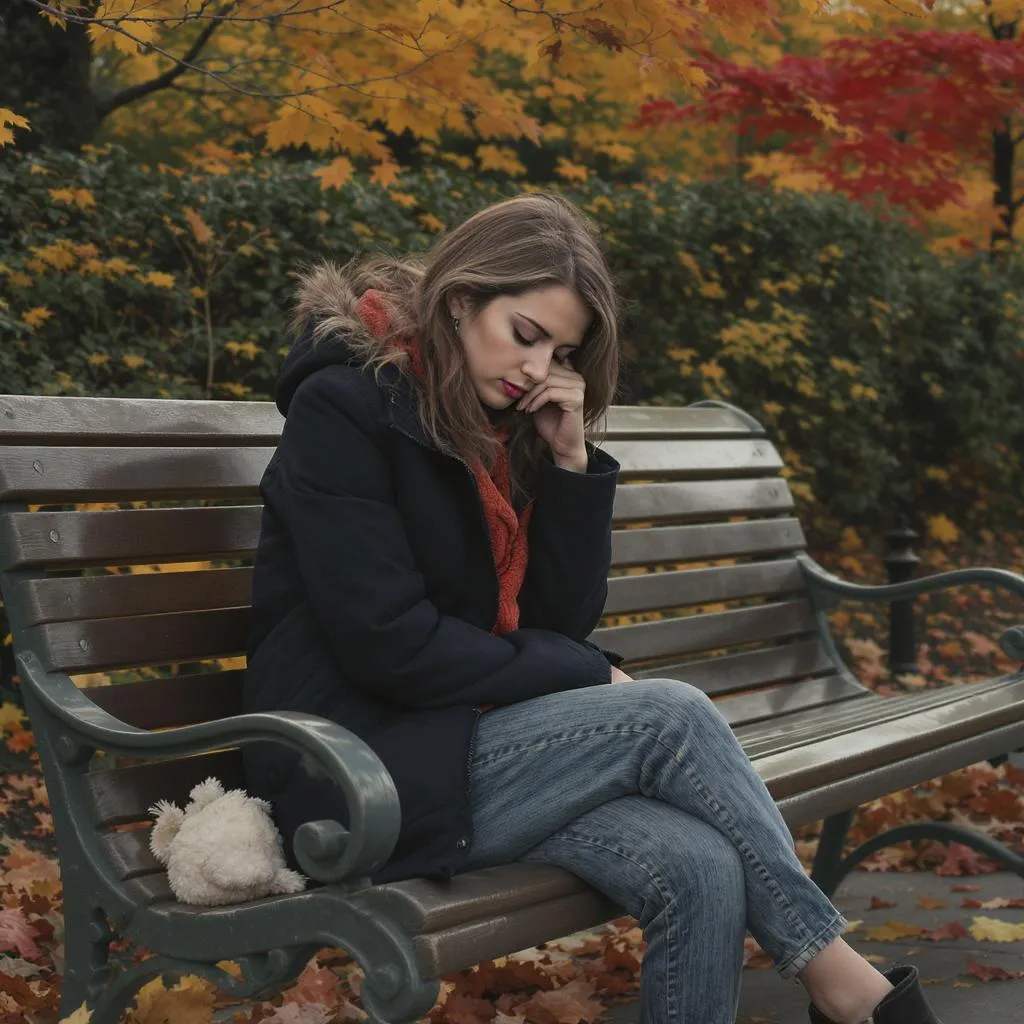 Femme seule sur un banc, réfléchissant à sa relation amoureuse et à l’amitié extérieure