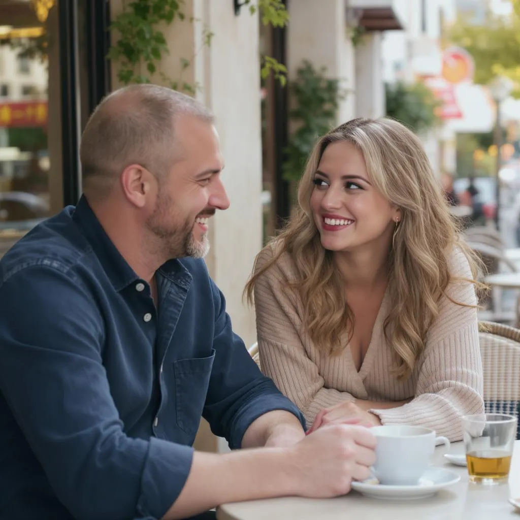 Un homme et une femme discutant en toute amitié dans un café, ambiance détendue et complice sans ambiguïté
