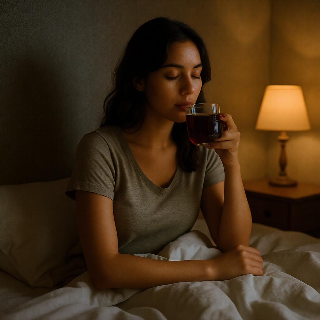 Femme sereine buvant une infusion avant de dormir, atmosphère apaisante en soirée