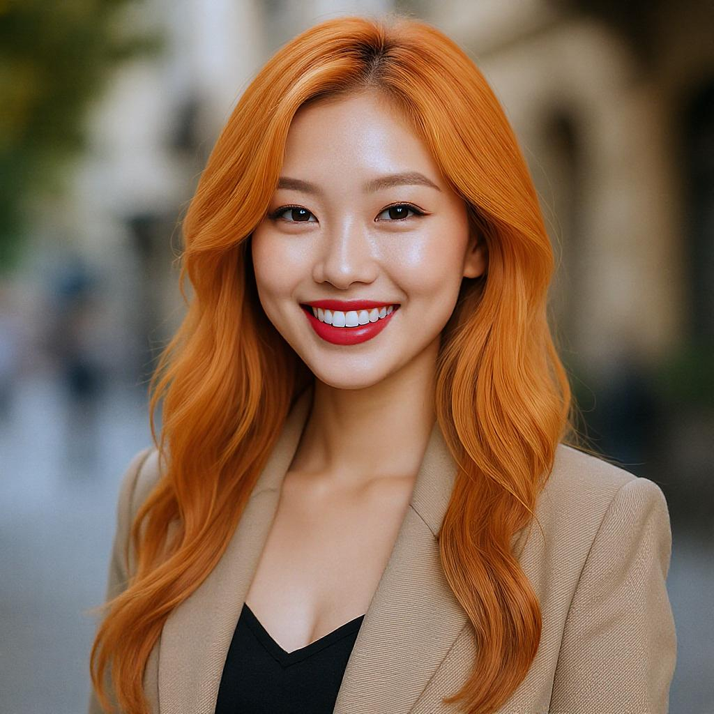 Femme asiatique rayonnante aux cheveux longs caramel intense cuivré, rouge à lèvres éclatant et blazer beige en ville