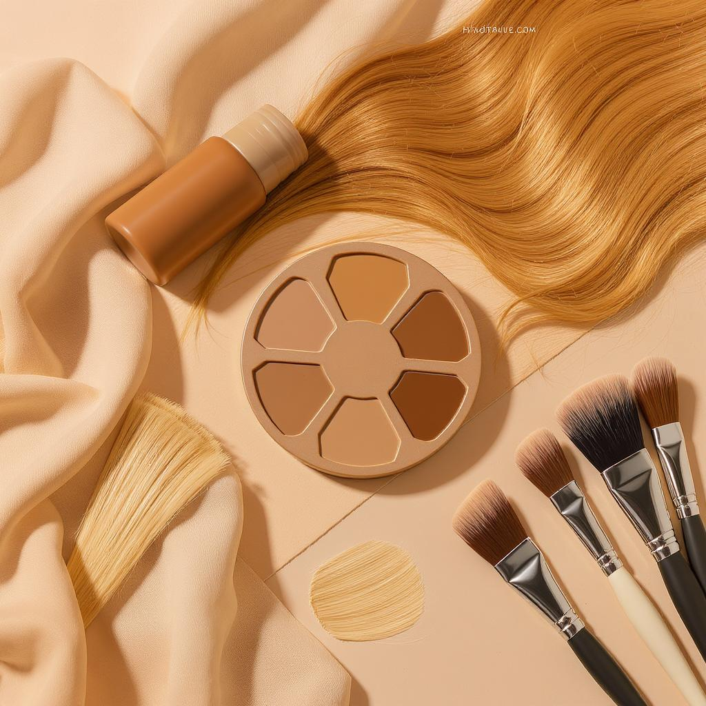 Flatlay esthétique de produits cheveux, nuancier caramel, mèches, échantillons capillaires, pinceaux coloration, ambiance chaude et féminine