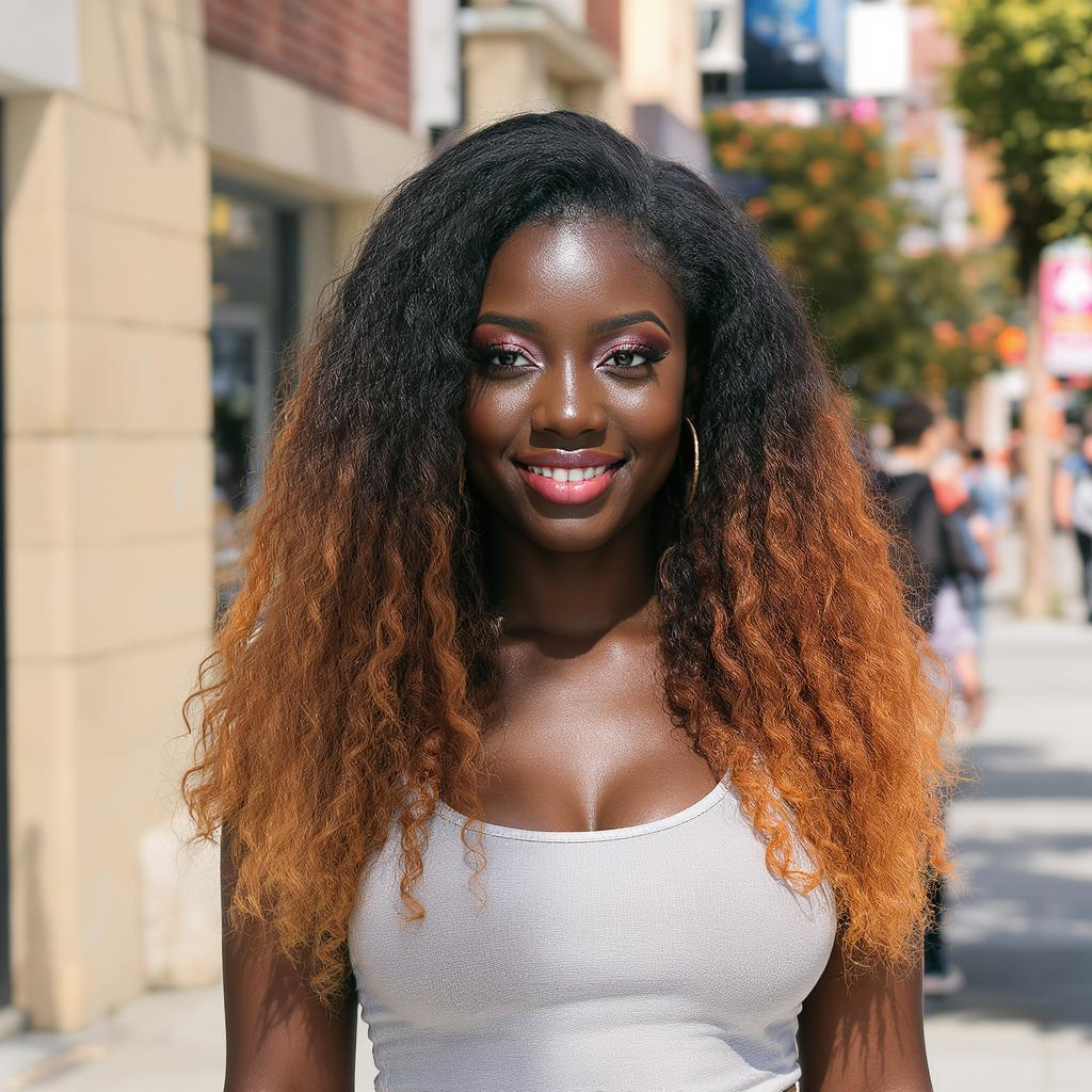 Femme noire aux cheveux bouclés longs avec tie and dye caramel chaud, ambiance urbaine ensoleillé