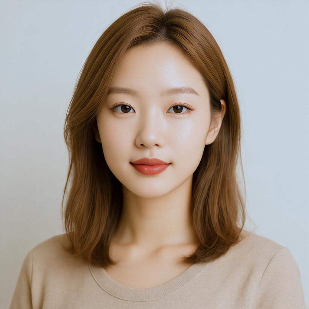 Portrait studio femme aux cheveux lisses mi-longs en caramel nude, maquillage naturel, ambiance douce beige