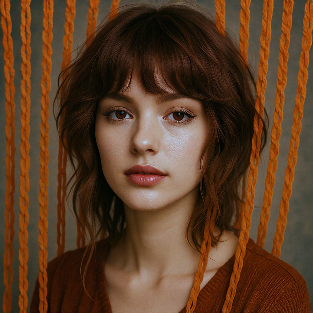 Femme avec frange rideau et mèches caramel autour du visage, coupe dégradée, style bohème moderne