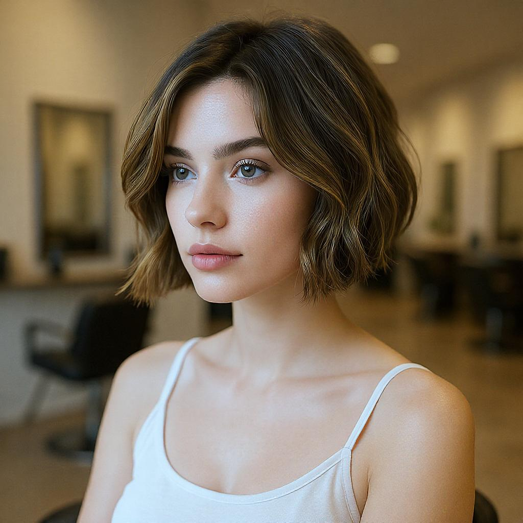 Femme avec carré flou texturisé et mèches caramel doré brillantes, assise dans un salon de coiffure moderne