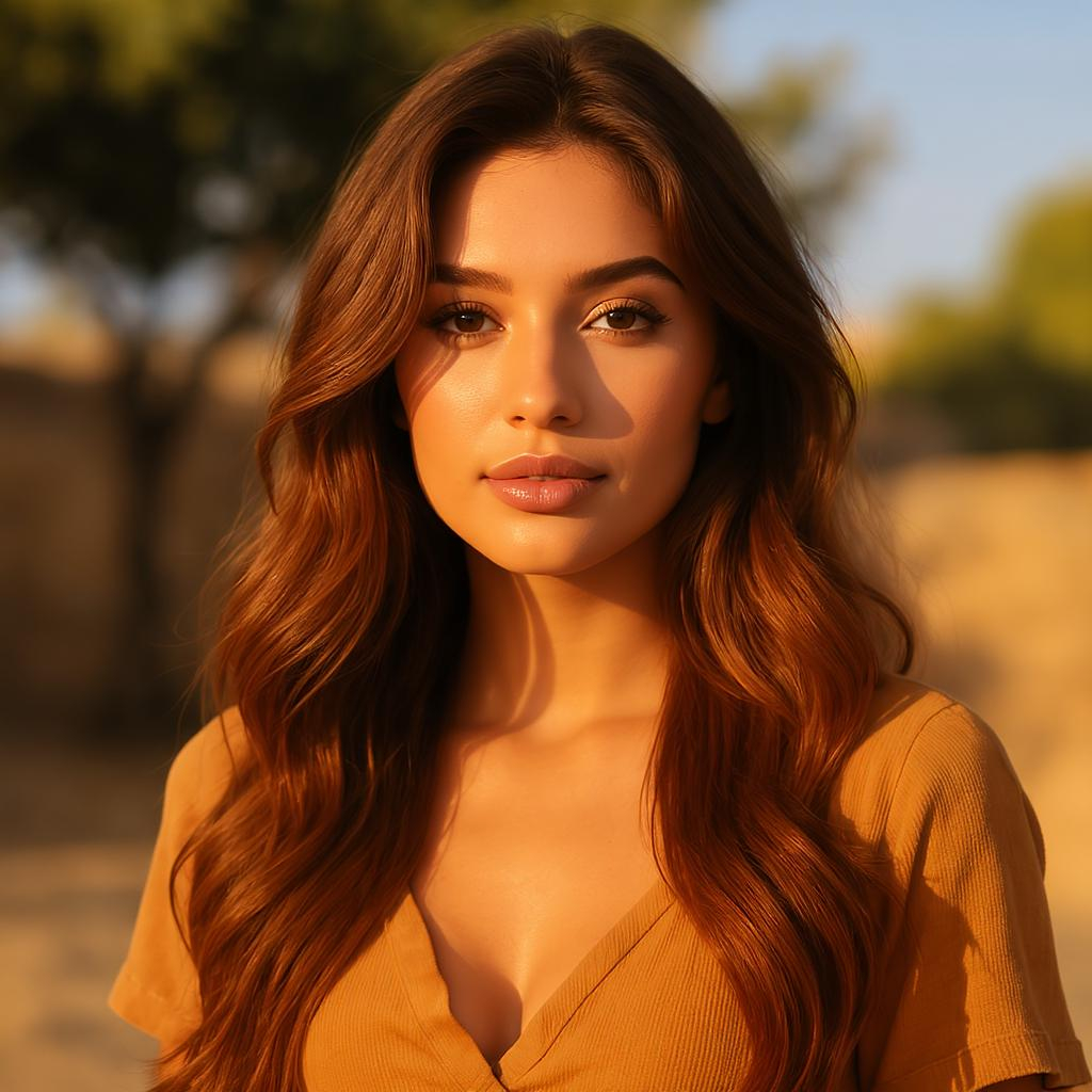 Femme méditerranéenne avec cheveux longs bruns chauds couleur caramel intense, lumière dorée, fond extérieur flouté