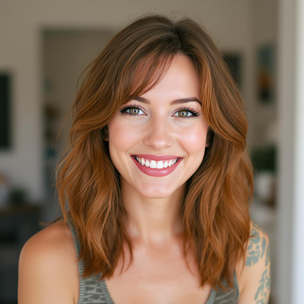 Balayage caramel lumineux sur cheveux châtain mi-longs avec effet fondu naturel