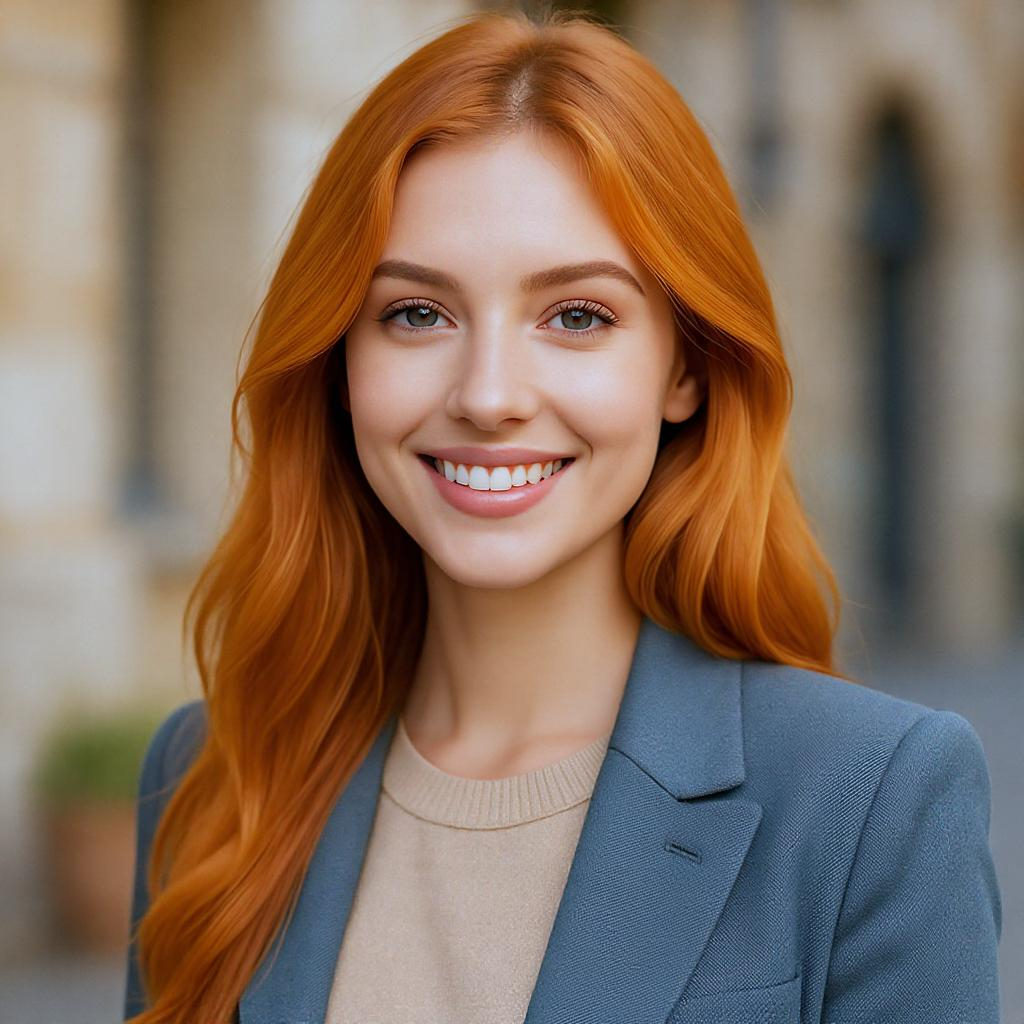 Jeune femme au sourire lumineux et aux cheveux longs caramel cuivré flamboyant, look chic décontracté en extérieur