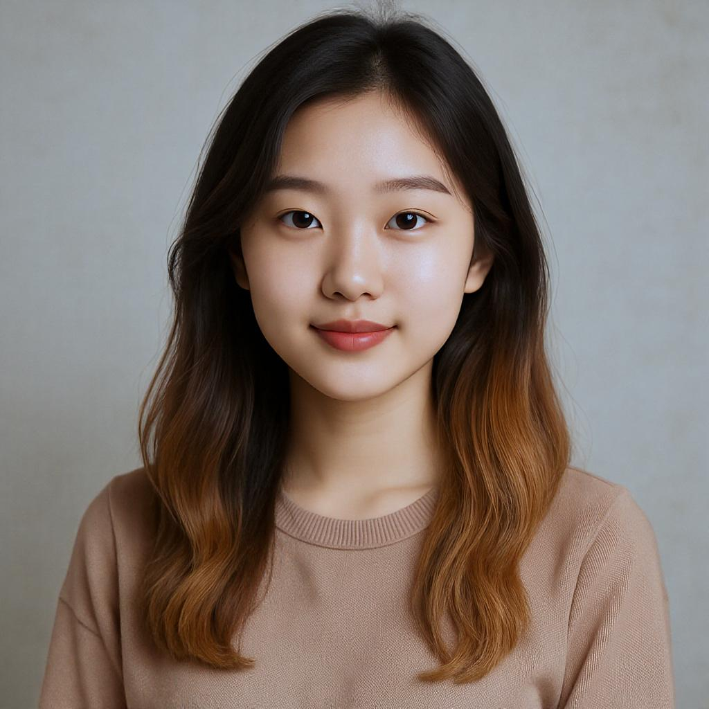 Jeune femme asiatique aux cheveux longs bruns foncés avec ombré hair caramel, fond neutre studio, expression naturelle