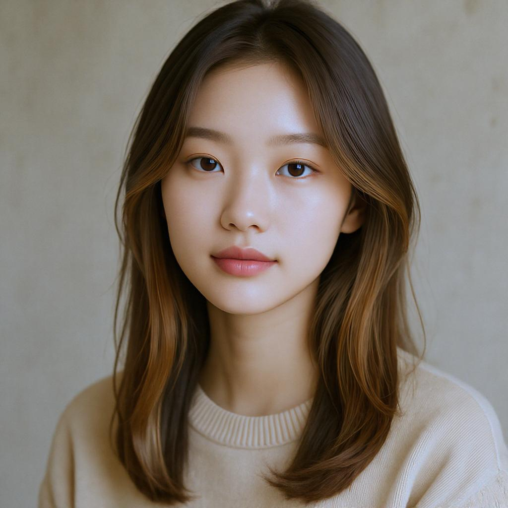 Jeune femme avec coupe droite et mèches caramel en contouring autour du visage, lumière naturelle, look nude chic