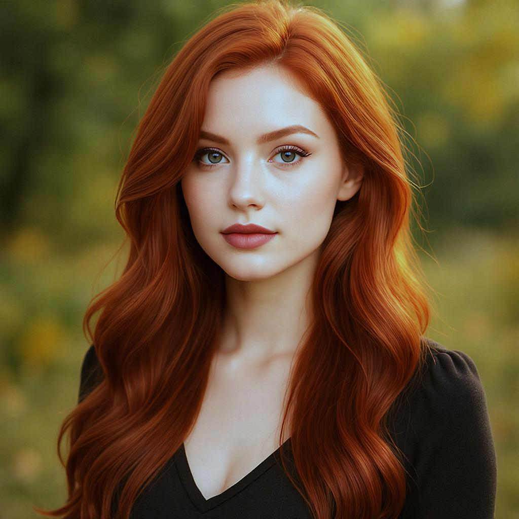 Femme rousse aux cheveux longs lustrés avec reflets caramel cuivré, fond nature doux