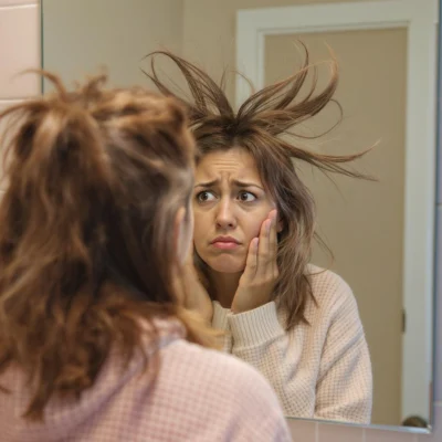 Jeune femme les cheveux électriques devant un miroir, expression contrariée, éclairage doux, ambiance salle de bain d’hiver.