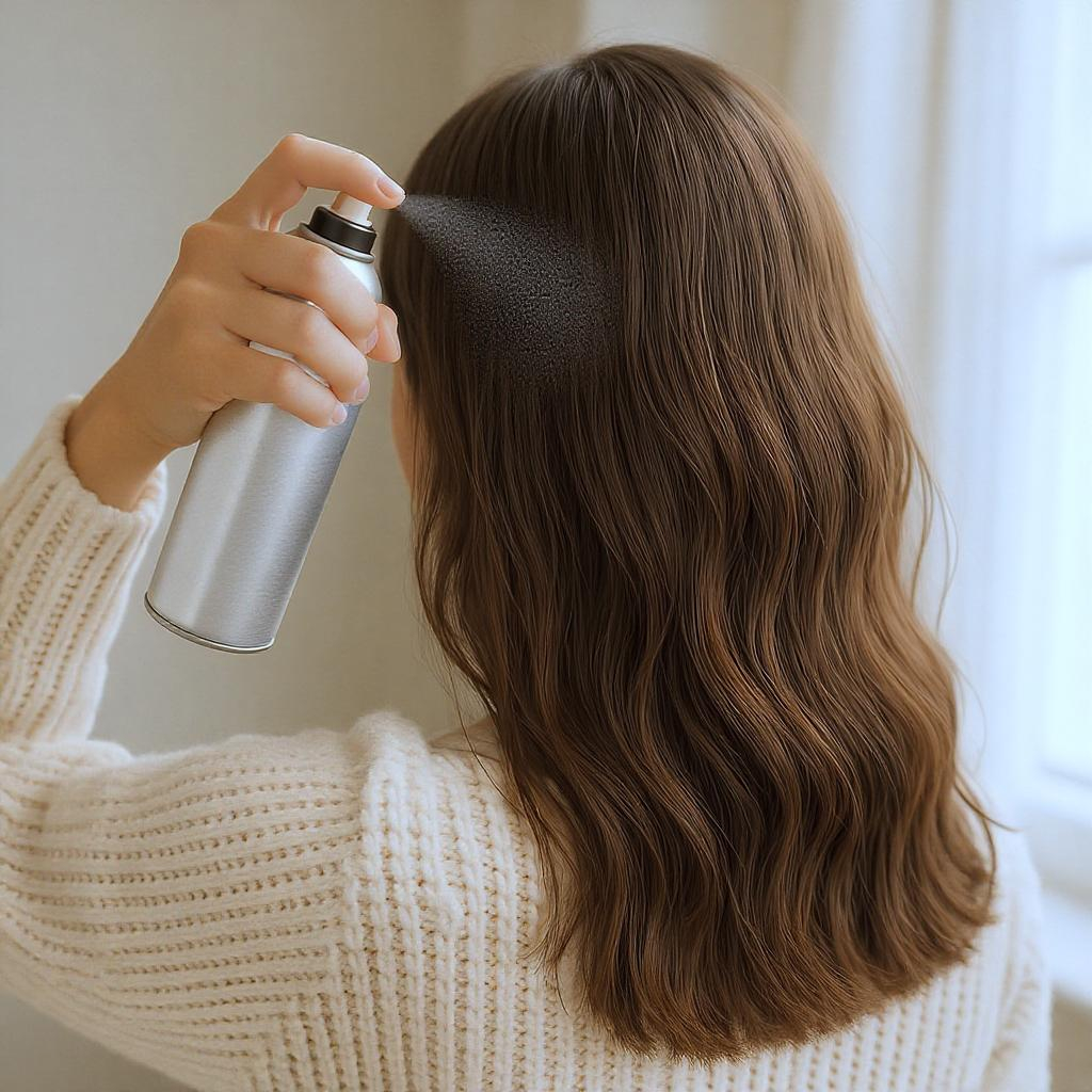 Main féminine vaporisant un spray anti-statique sur cheveux ondulés, lumière naturelle et pull crème en arrière-plan hivernal.