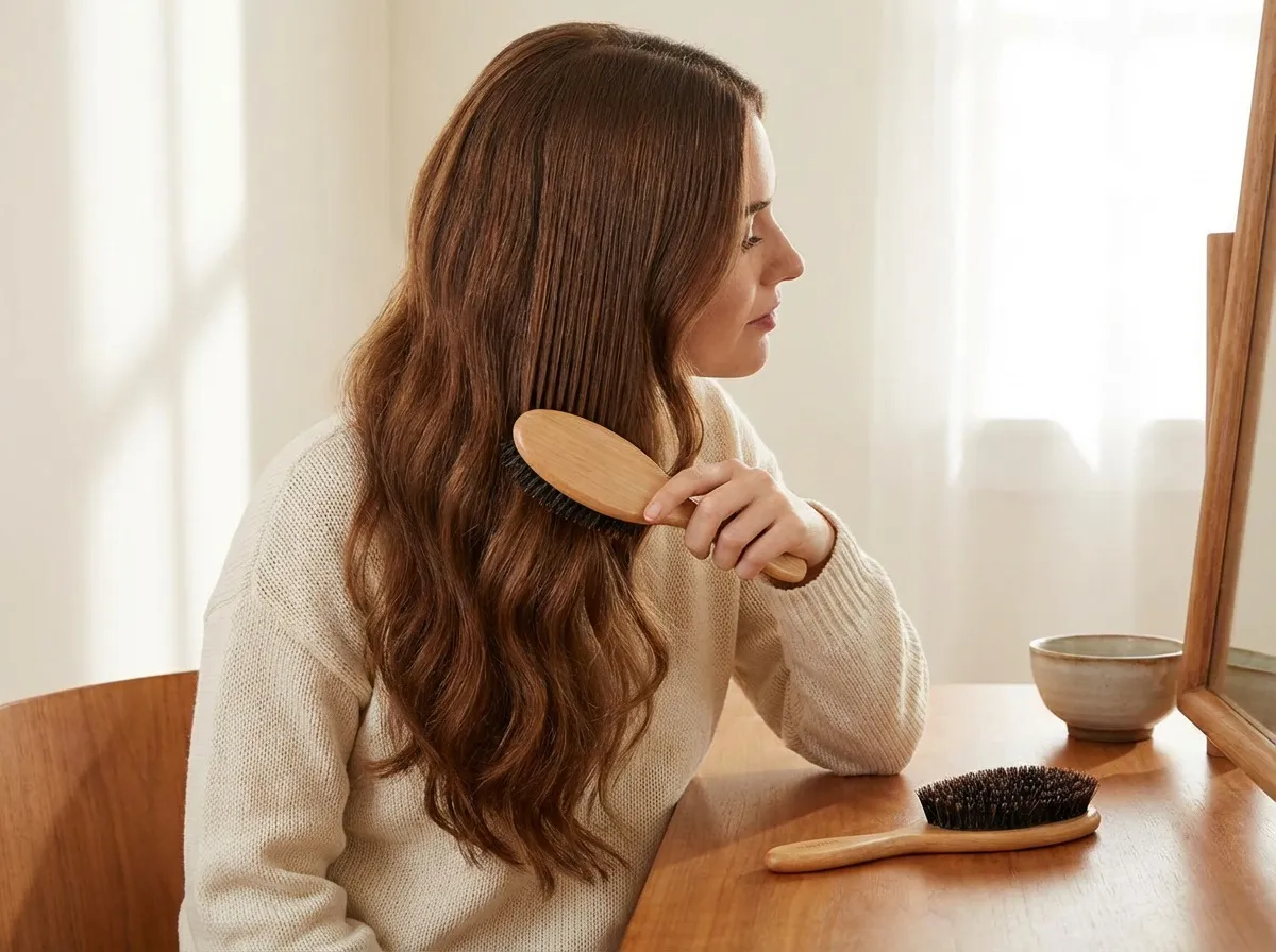 Femme se brossant les cheveux avec une brosse en poils naturels — résultat lisse et sans électricité statique
