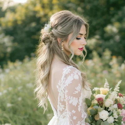 Mariée bohème coiffée d’un chignon flou fleuri, robe en dentelle fluide