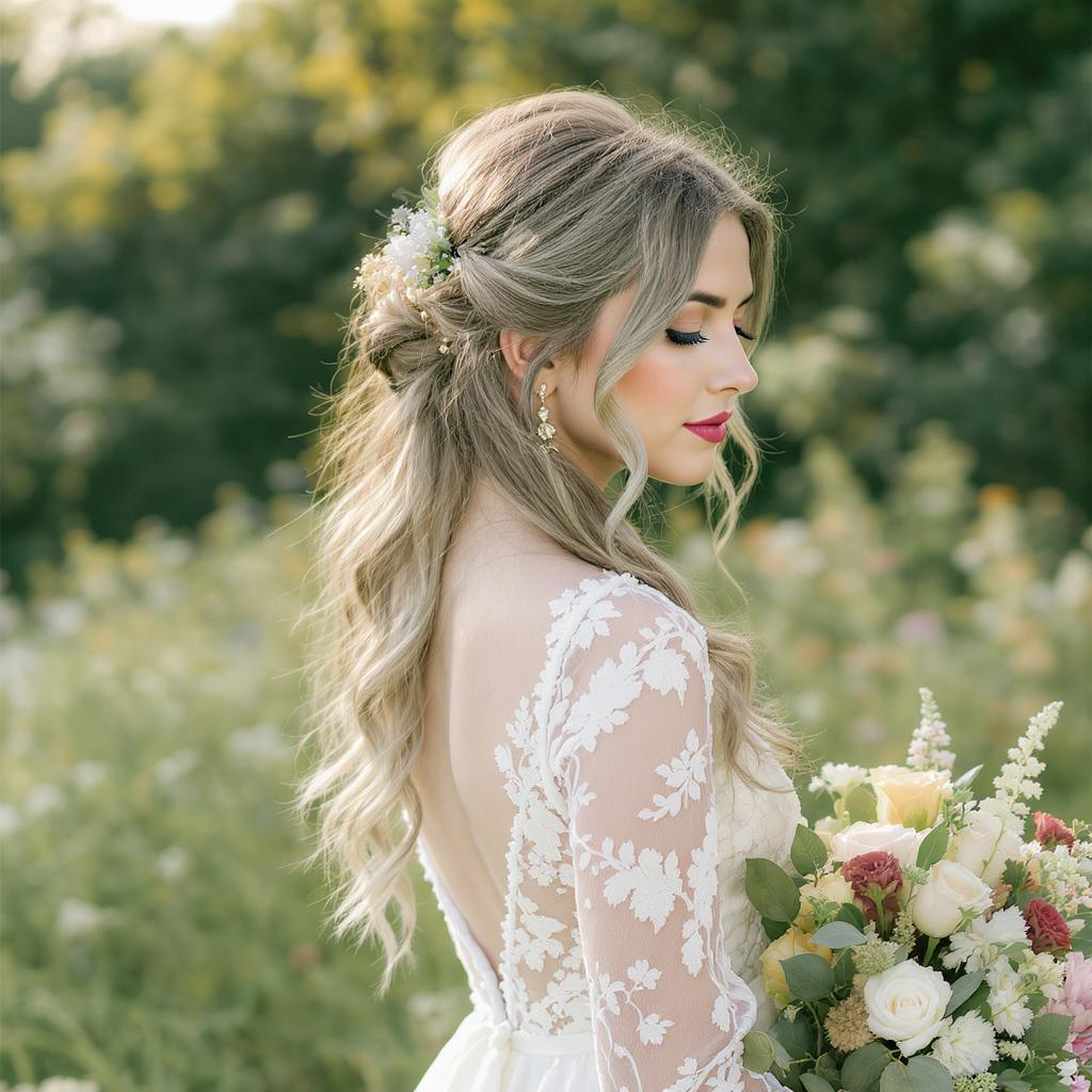 Mariée bohème coiffée d’un chignon flou fleuri, robe en dentelle fluide