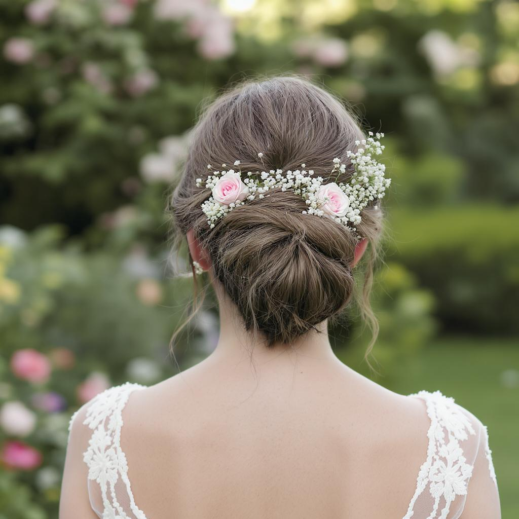 Chignon flou bohème orné de fleurs fraîches pour mariage poétique