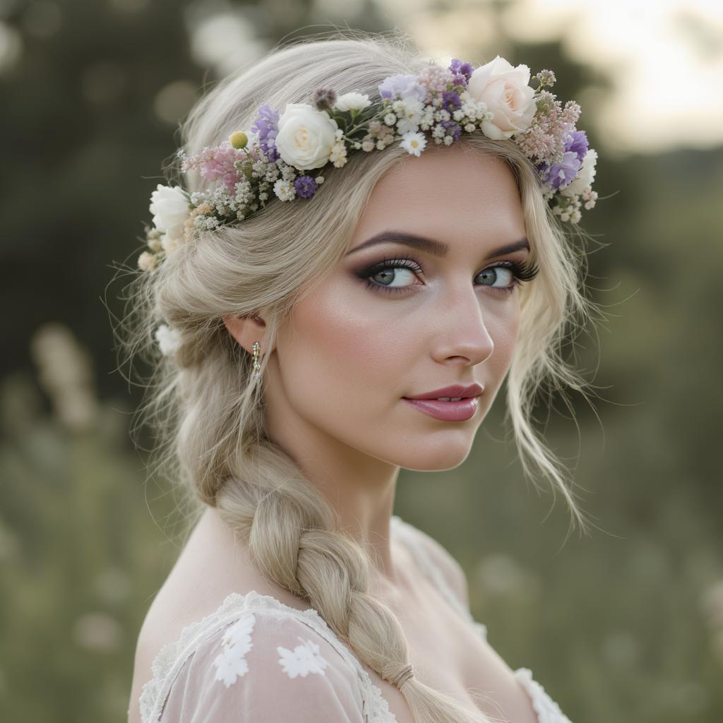 Tresse couronne bohème avec fleurs pour mariage champêtre