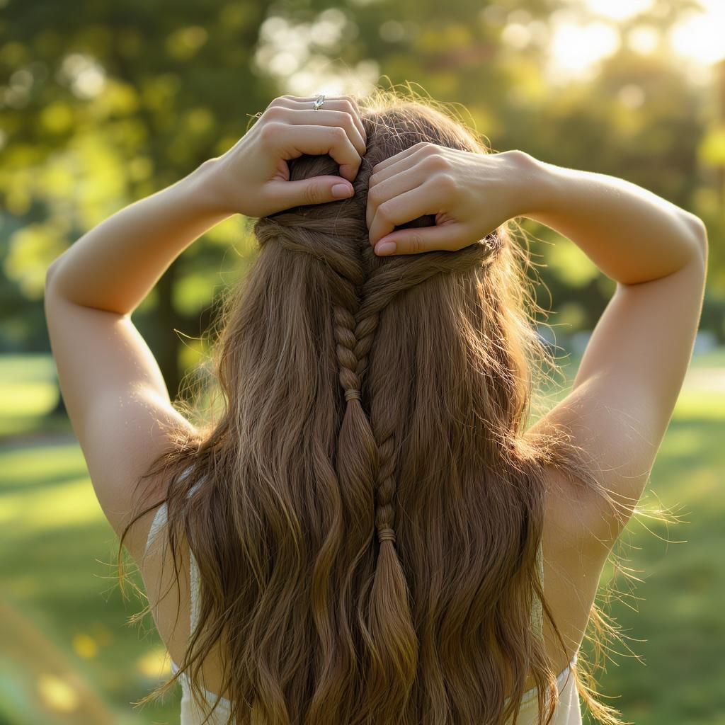 Double tresse bohème demi-attachée cheveux longs