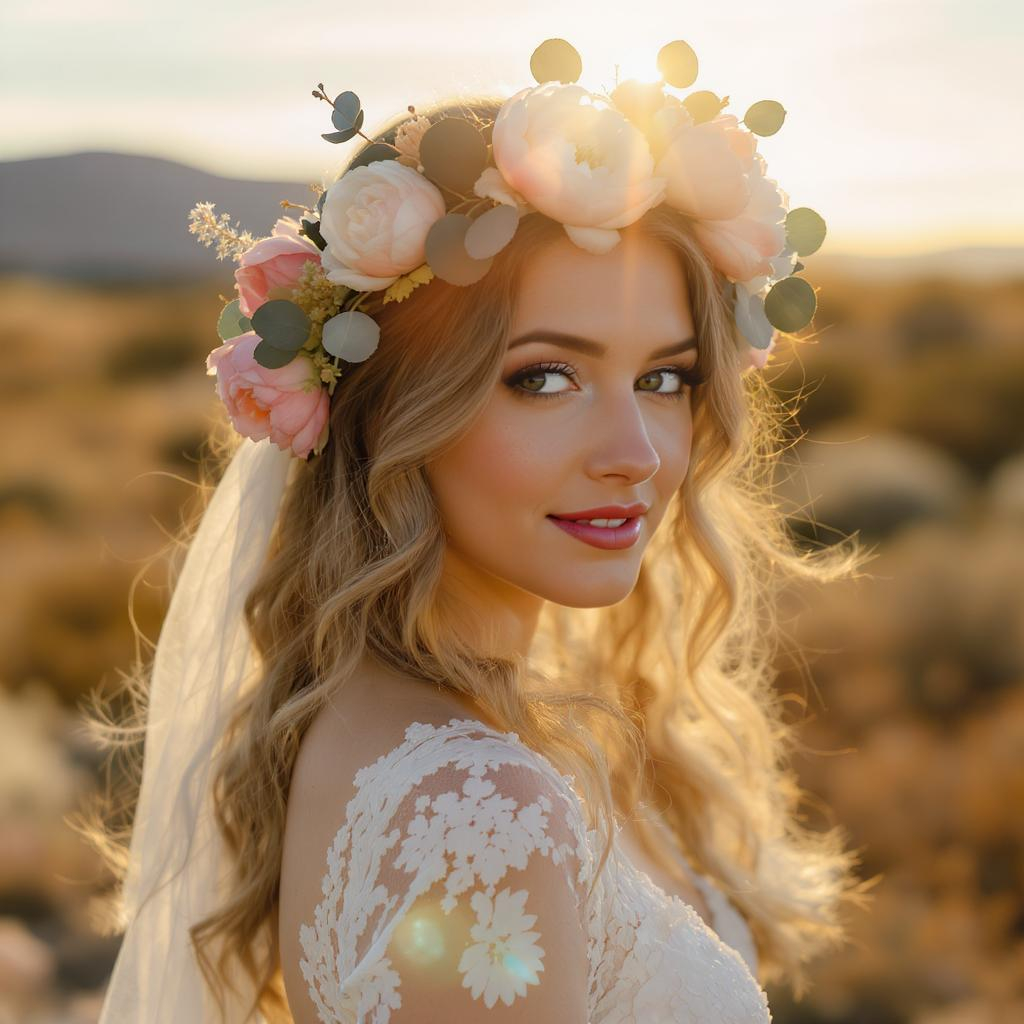 Couronne de fleurs bohème sur cheveux ondulés lâchés