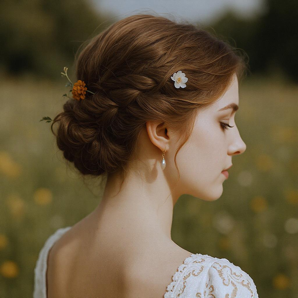 Coiffure bohème mariage cheveux courts avec tresse fine et fleur