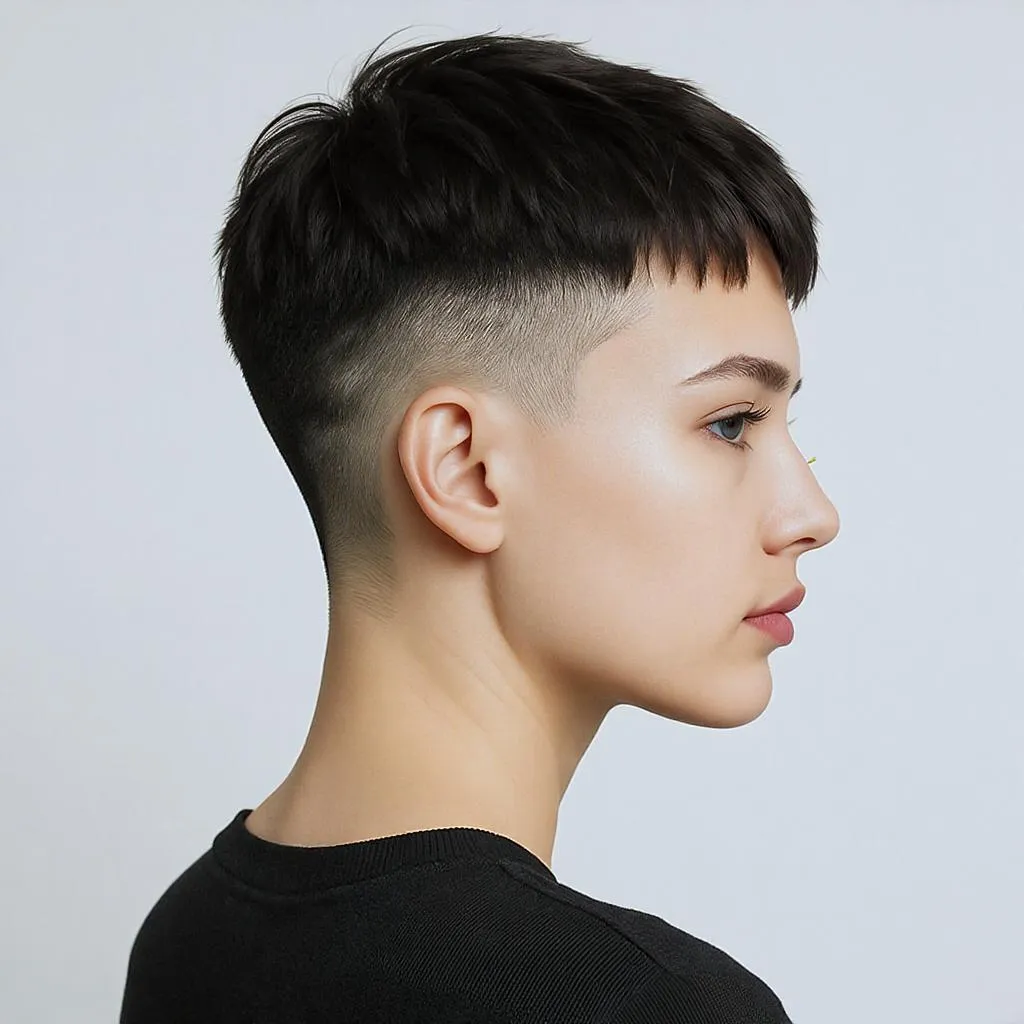 Coupe ultra courte avec ligne graphique dessinée à la nuque sur femme au visage ovale et traits nets