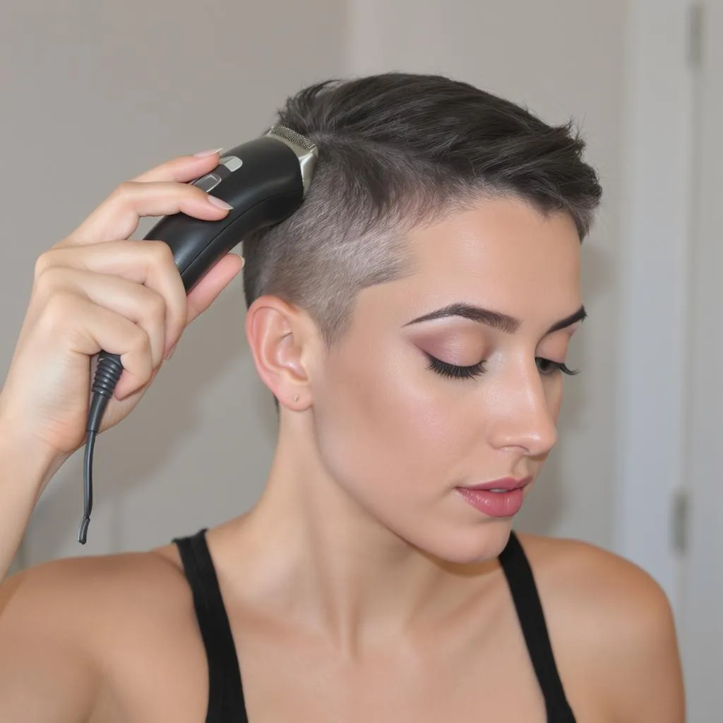 Femme se coupant les cheveux à la tondeuse devant un miroir, geste précis et expression sereine