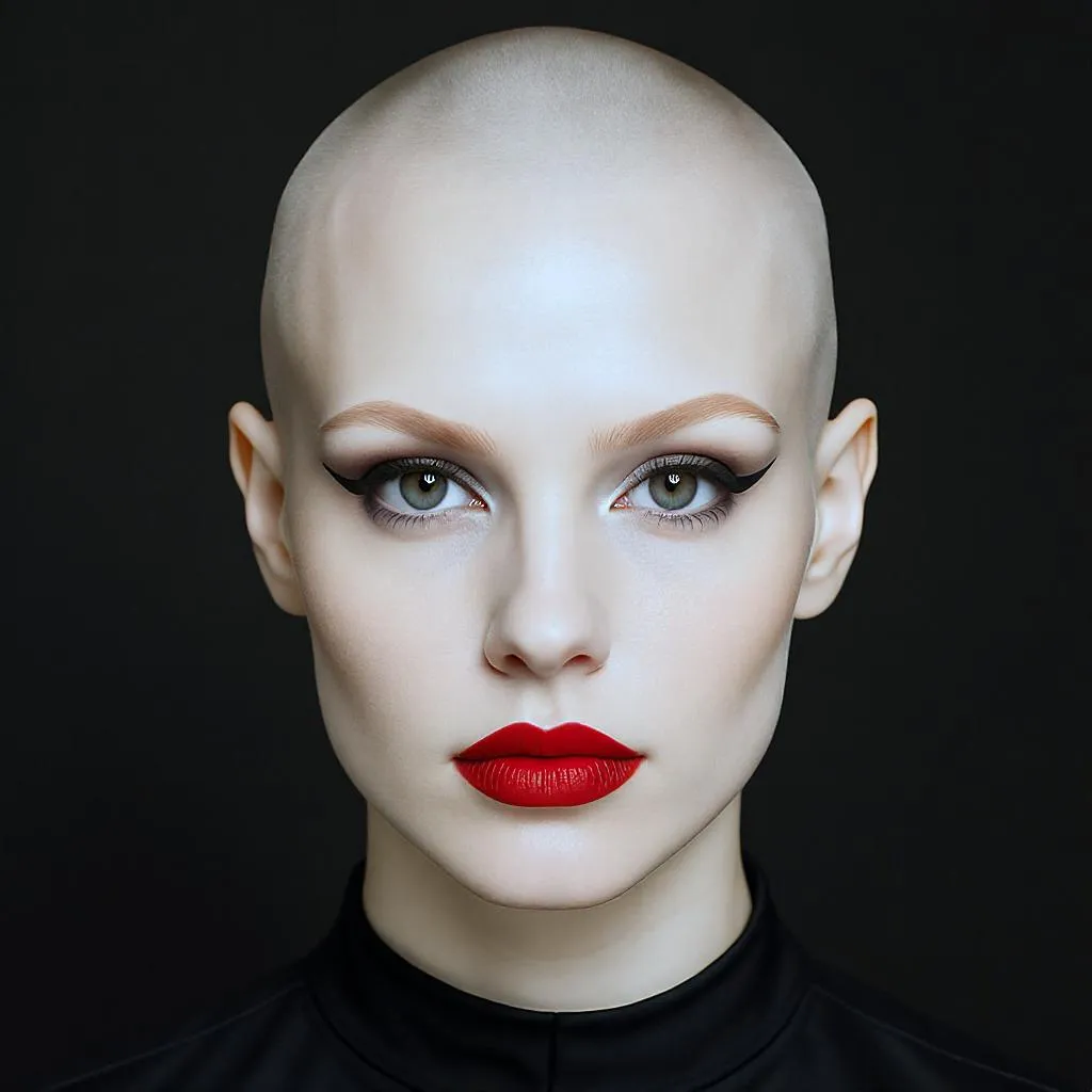 Femme à la tête rasée entre 0,5 mm et 1 mm avec sourcils dessinés et maquillage structuré, style assumé