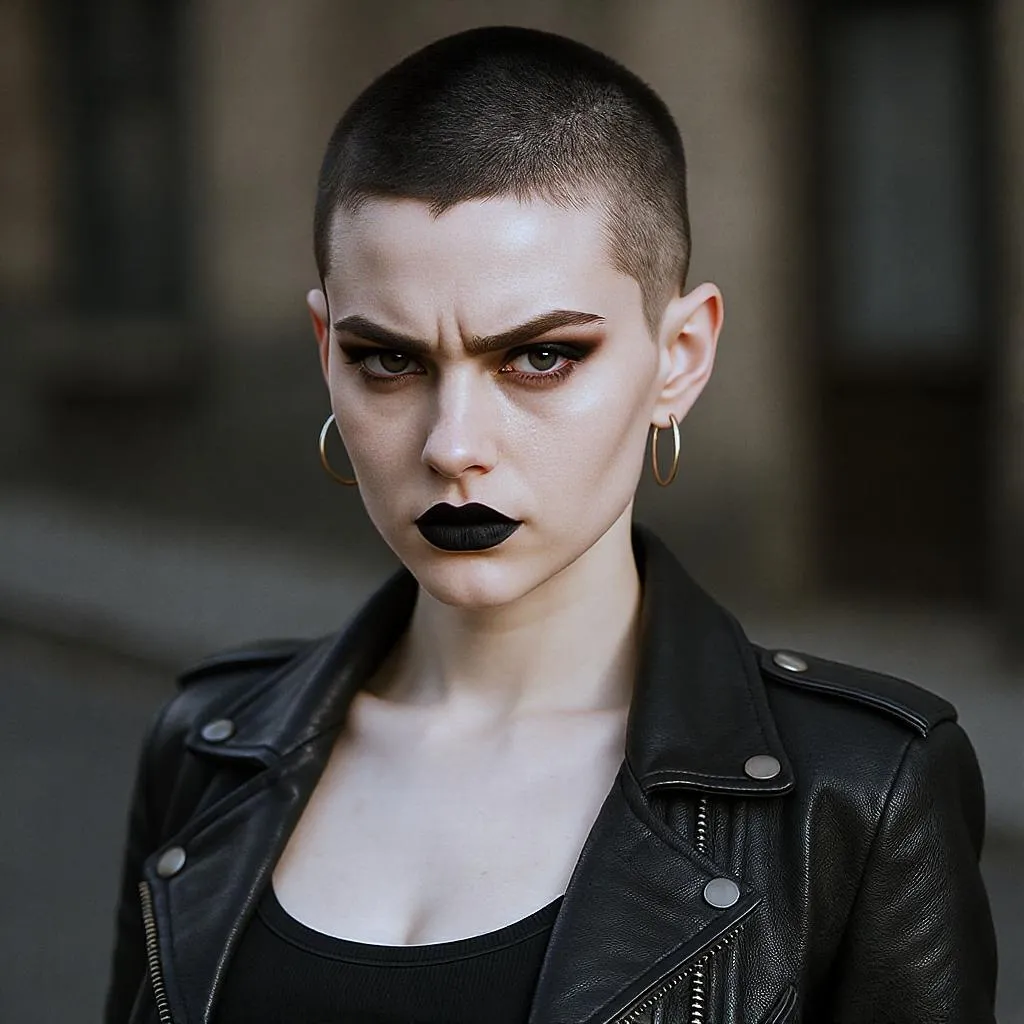 Femme confiante au regard intense avec coupe ultra courte tondeuse, tête dégagée et style affirmé en plein air