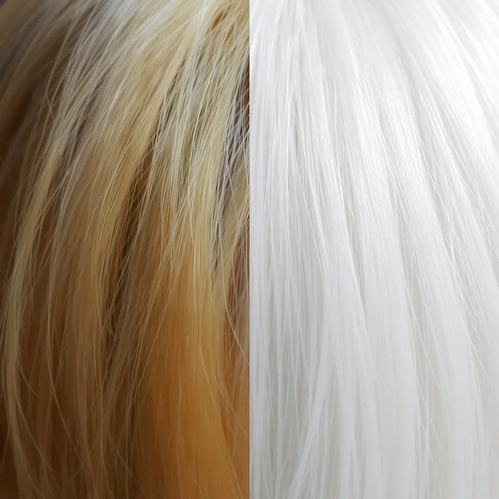Gros plan comparatif de mèches blanches : à gauche tachées de brun-orange, à droite blanches glacées et nettes