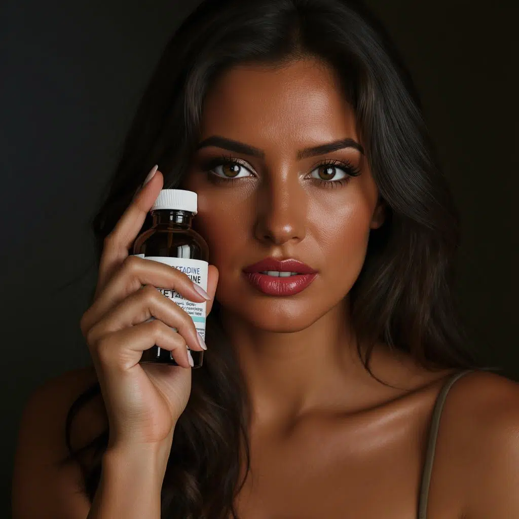 Femme brune avec racines blanches tenant un flacon de Bétadine près de sa chevelure, éclairage beauté dramatique