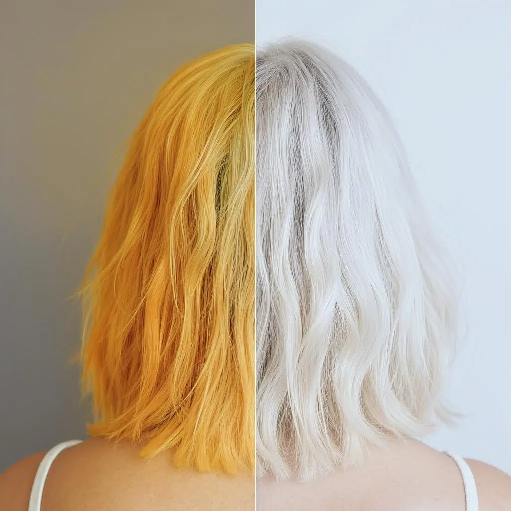 Comparatif avant/après de cheveux blancs vus de dos : côté gauche taché orangé, côté droit lumineux et propre